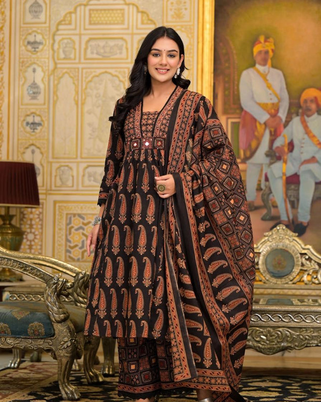 Gindly Pure Cotton Embroidered Black Gold Printed A-Line Kurta Pant With Dupatta