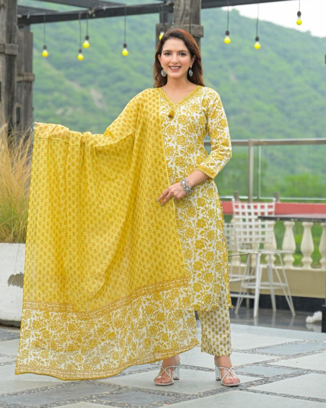 Gindly Pure Cotton Embroidered Straight Women's Ethnic Wear Kurta Pant Dupatta Set