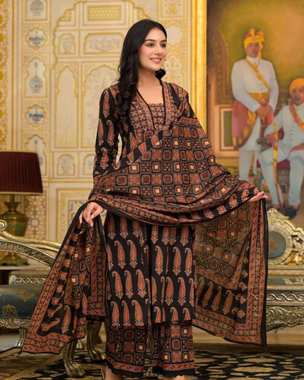 Gindly Pure Cotton Embroidered Black Gold Printed A-Line Kurta Pant With Dupatta