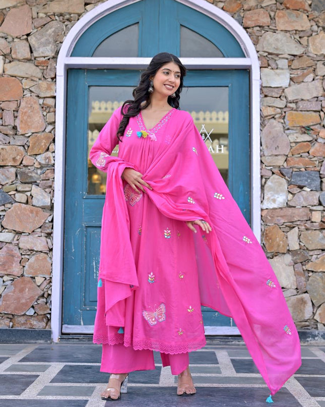 Gindly Pure Cotton Embroidered Anarkali Women's Ethnic Wear Kurta Pant Dupatta Set