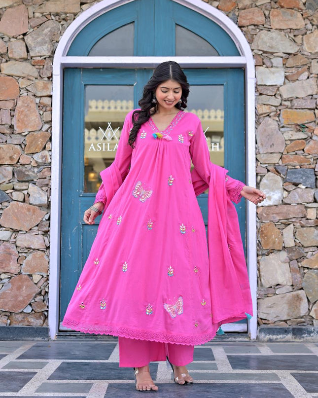 Gindly Pure Cotton Embroidered Anarkali Women's Ethnic Wear Kurta Pant Dupatta Set