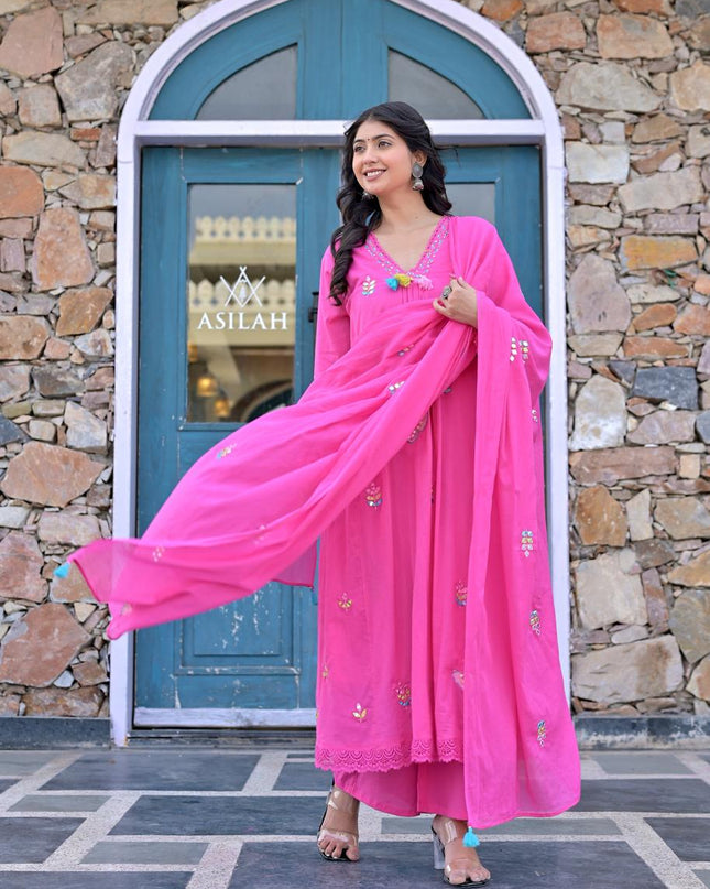 Gindly Pure Cotton Embroidered Anarkali Women's Ethnic Wear Kurta Pant Dupatta Set