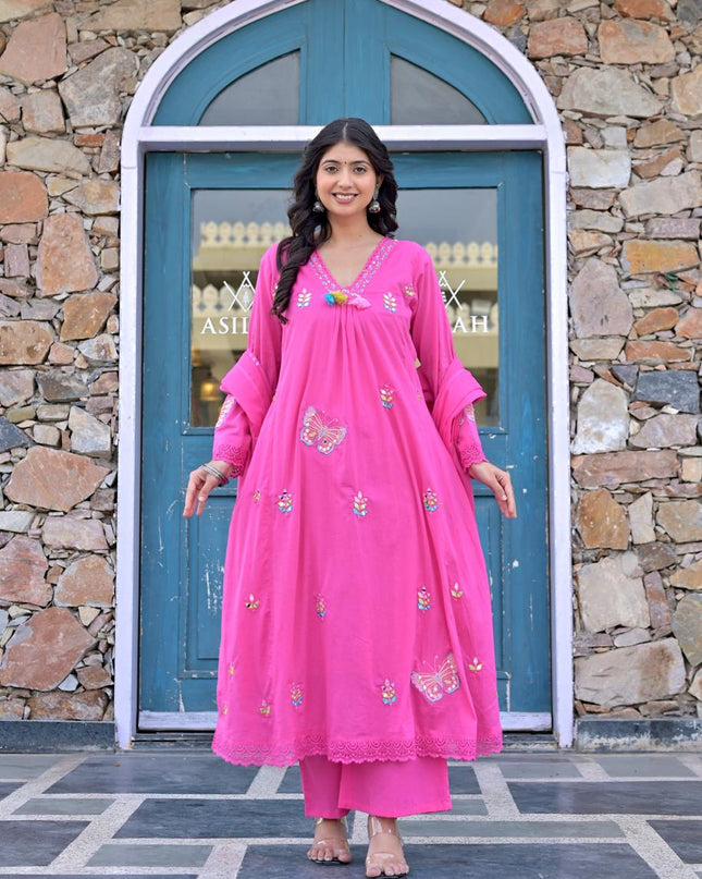 Gindly Pure Cotton Embroidered Anarkali Women's Ethnic Wear Kurta Pant Dupatta Set