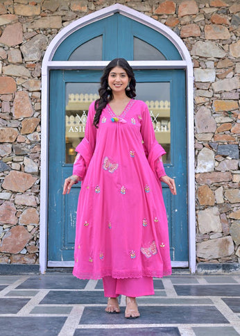 Gindly Pure Cotton Embroidered Anarkali Women's Ethnic Wear Kurta Pant Dupatta Set