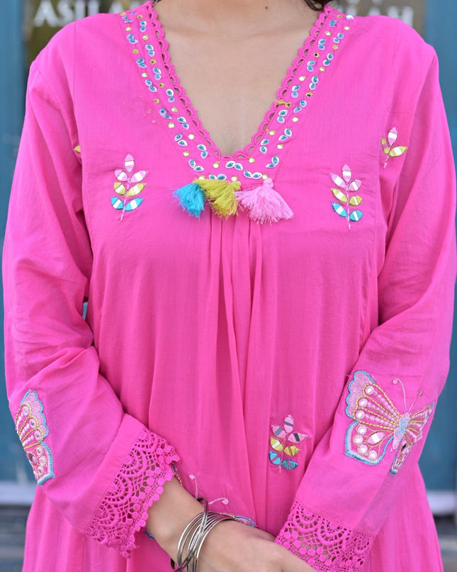 Gindly Pure Cotton Embroidered Anarkali Women's Ethnic Wear Kurta Pant Dupatta Set