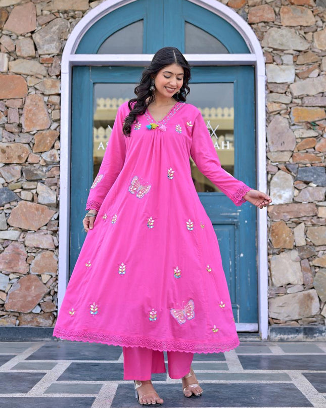 Gindly Pure Cotton Embroidered Anarkali Women's Ethnic Wear Kurta Pant Dupatta Set