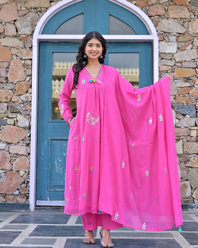 Gindly Pure Cotton Embroidered Anarkali Women's Ethnic Wear Kurta Pant Dupatta Set