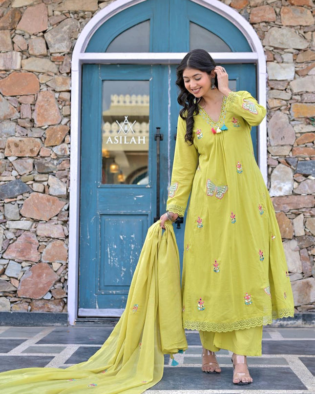 Gindly Pure Cotton Embroidered Anarkali Women's Ethnic Wear Kurta Pant Dupatta Set