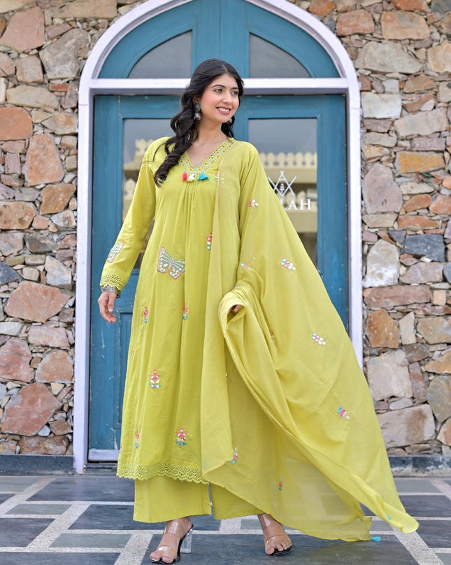 Gindly Pure Cotton Embroidered Anarkali Women's Ethnic Wear Kurta Pant Dupatta Set