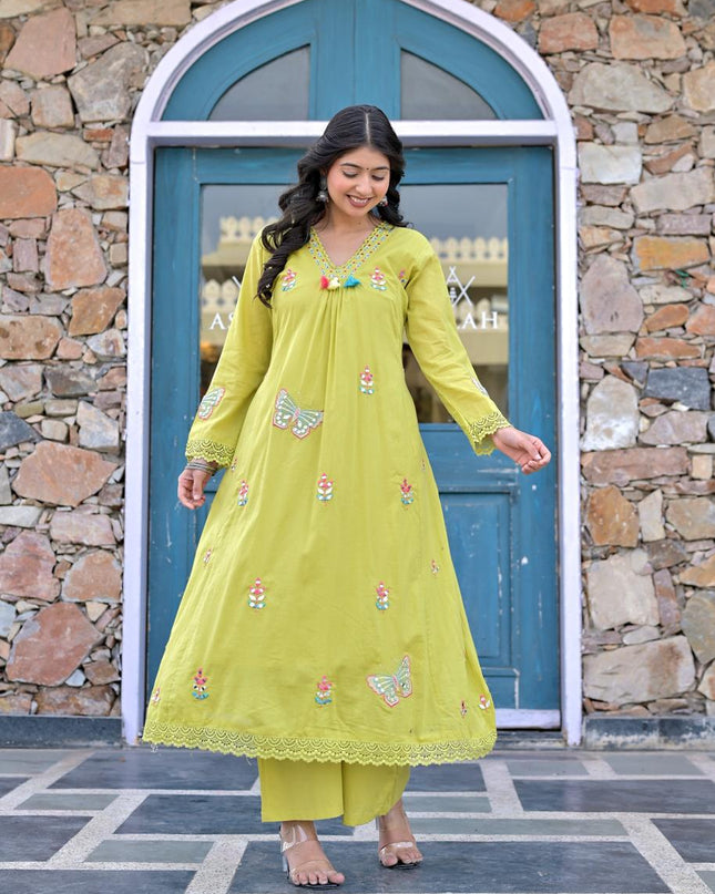 Gindly Pure Cotton Embroidered Anarkali Women's Ethnic Wear Kurta Pant Dupatta Set