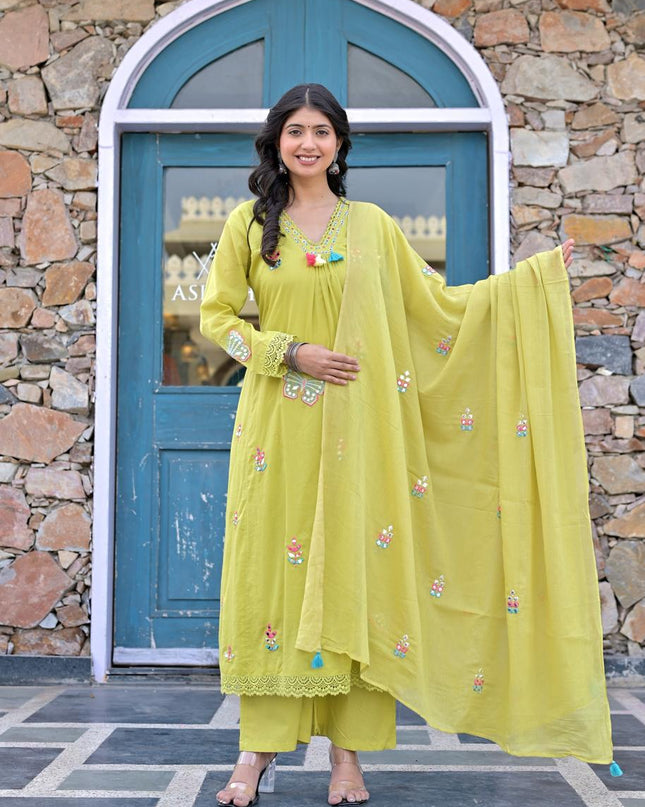 Gindly Pure Cotton Embroidered Anarkali Women's Ethnic Wear Kurta Pant Dupatta Set