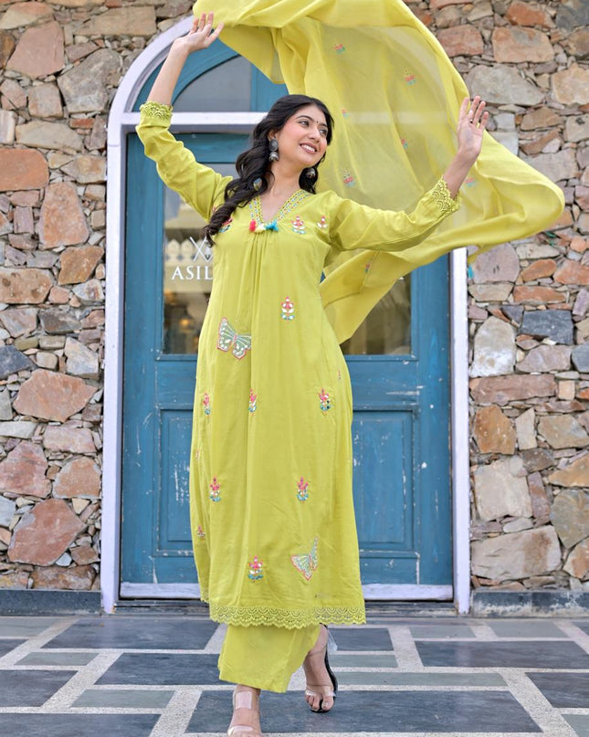 Gindly Pure Cotton Embroidered Anarkali Women's Ethnic Wear Kurta Pant Dupatta Set