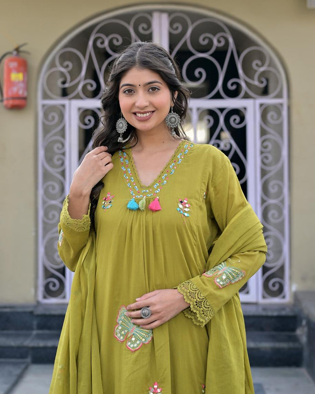 Gindly Pure Cotton Embroidered Anarkali Women's Ethnic Wear Kurta Pant Dupatta Set