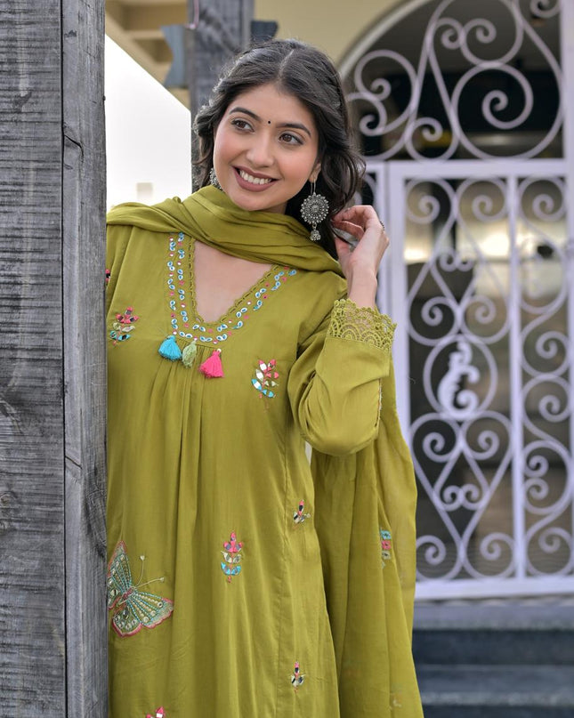 Gindly Pure Cotton Embroidered Anarkali Women's Ethnic Wear Kurta Pant Dupatta Set