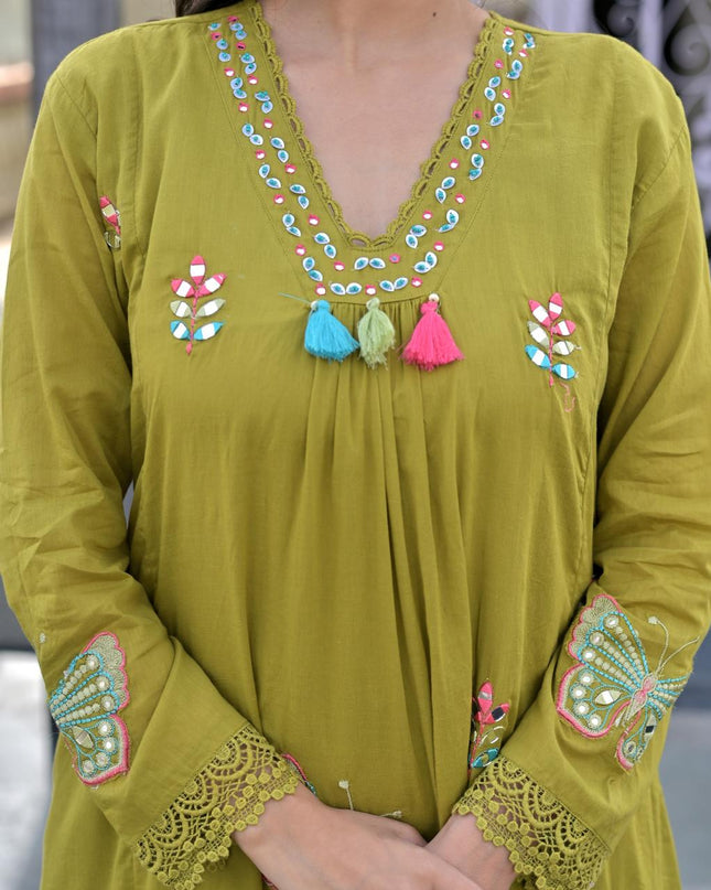 Gindly Pure Cotton Embroidered Anarkali Women's Ethnic Wear Kurta Pant Dupatta Set