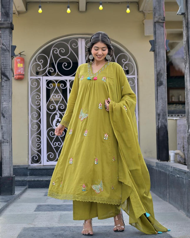 Gindly Pure Cotton Embroidered Anarkali Women's Ethnic Wear Kurta Pant Dupatta Set