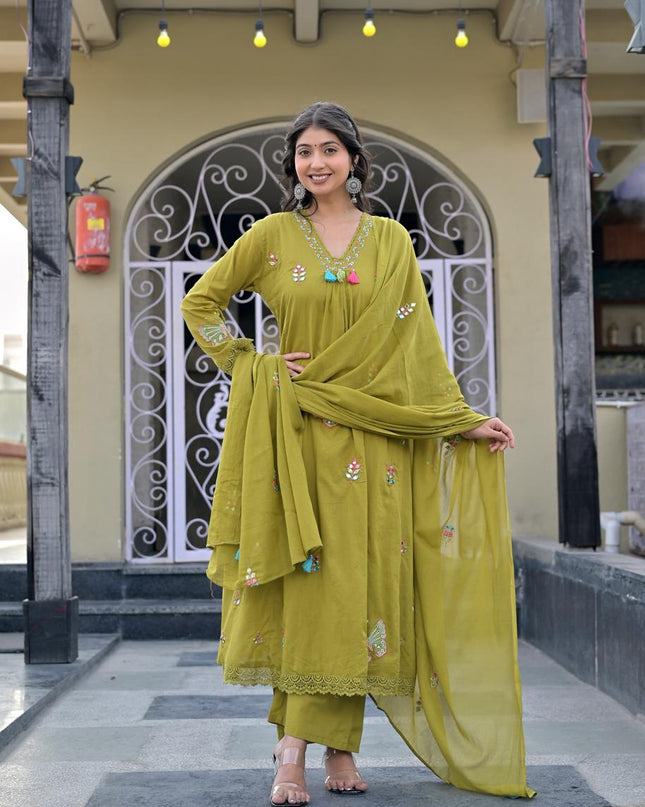 Gindly Pure Cotton Embroidered Anarkali Women's Ethnic Wear Kurta Pant Dupatta Set