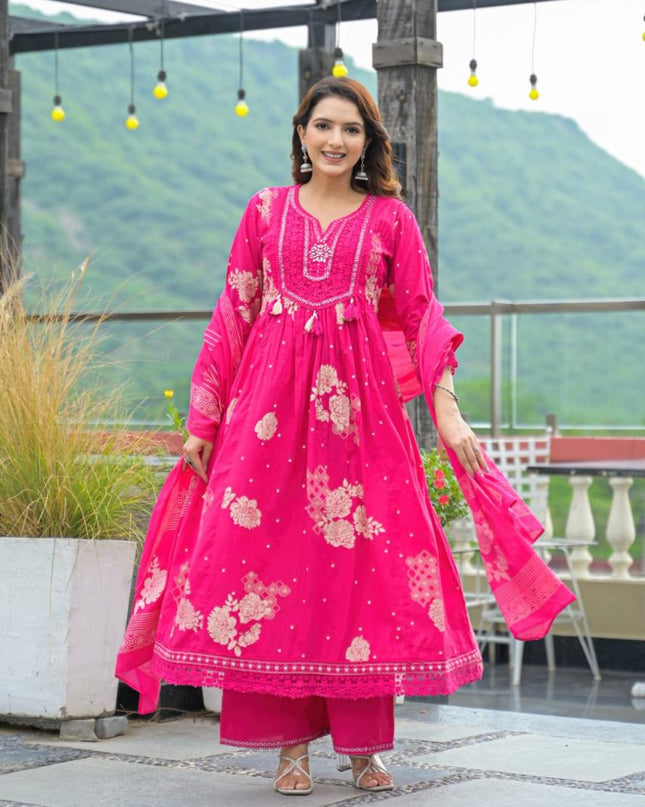 Gindly Pure Cotton Embroidered Anarkali Women's Ethnic Wear Anarkali Set