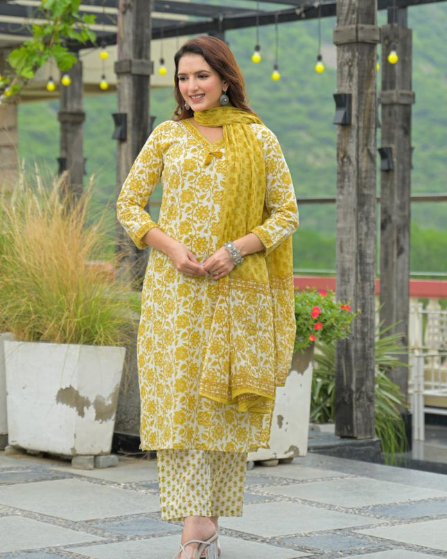 Gindly Pure Cotton Embroidered Straight Women's Ethnic Wear Kurta Pant Dupatta Set