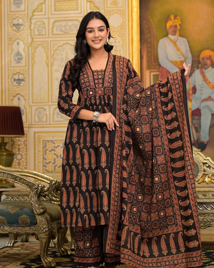 Gindly Pure Cotton Embroidered Black Gold Printed A-Line Kurta Pant With Dupatta