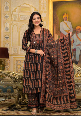 Gindly Pure Cotton Embroidered Black Gold Printed A-Line Kurta Pant With Dupatta
