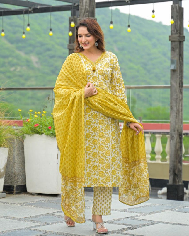 Gindly Pure Cotton Embroidered Straight Women's Ethnic Wear Kurta Pant Dupatta Set