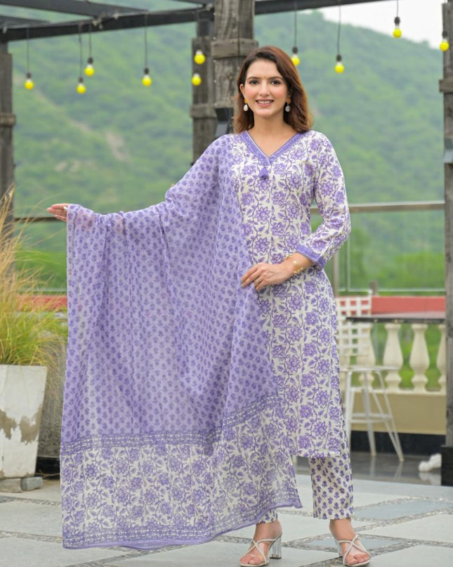 Gindly Pure Cotton Embroidered Straight Women's Ethnic Wear Kurta Pant Dupatta Set