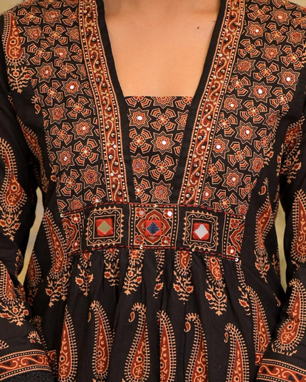 Gindly Pure Cotton Embroidered Black Gold Printed A-Line Kurta Pant With Dupatta