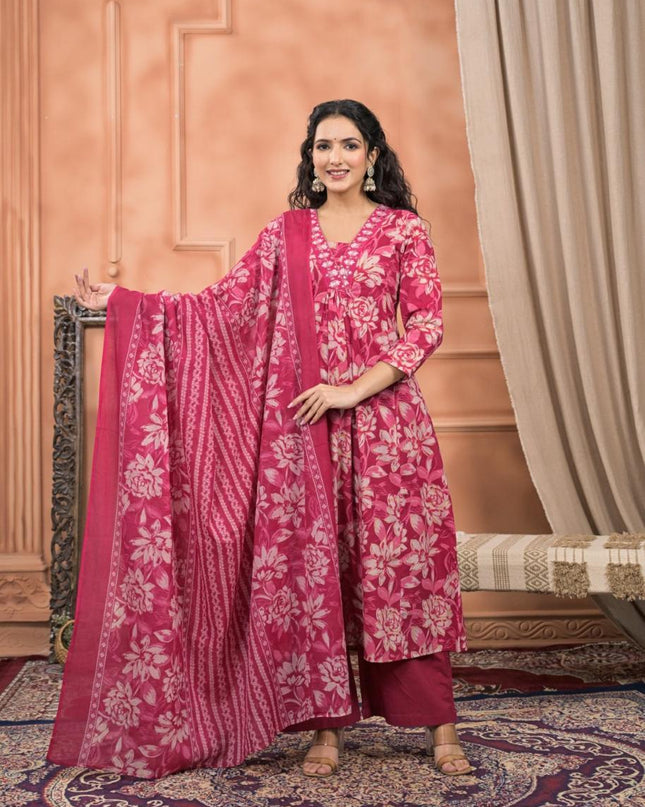 Gindly Pure Cotton Embroidered v-neck Floral Print Anarkali Women's Ethnic Wear Set