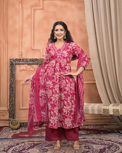 Gindly Pure Cotton Embroidered v-neck Floral Print Anarkali Women's Ethnic Wear Set