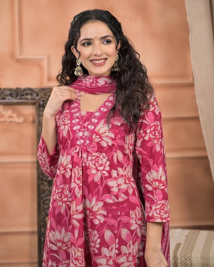 Gindly Pure Cotton Embroidered v-neck Floral Print Anarkali Women's Ethnic Wear Set