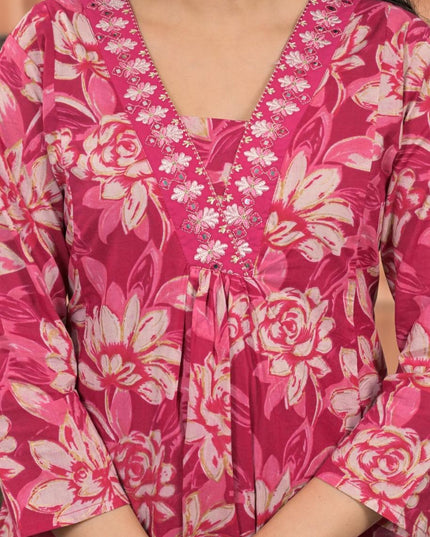 Gindly Pure Cotton Embroidered v-neck Floral Print Anarkali Women's Ethnic Wear Set