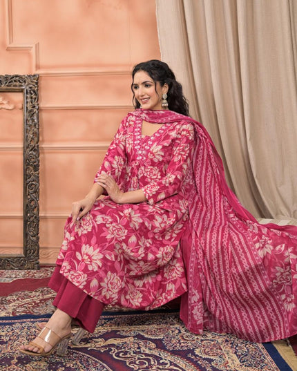 Gindly Pure Cotton Embroidered v-neck Floral Print Anarkali Women's Ethnic Wear Set