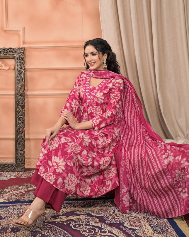 Gindly Pure Cotton Embroidered v-neck Floral Print Anarkali Women's Ethnic Wear Set