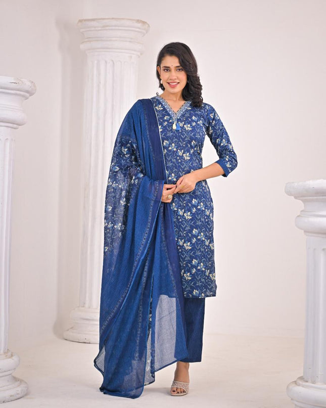 Gindly Pure Cotton Embroidered Straight Women's Ethnic Wear Set