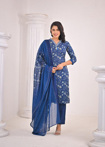 Gindly Pure Cotton Embroidered Straight Women's Ethnic Wear Set