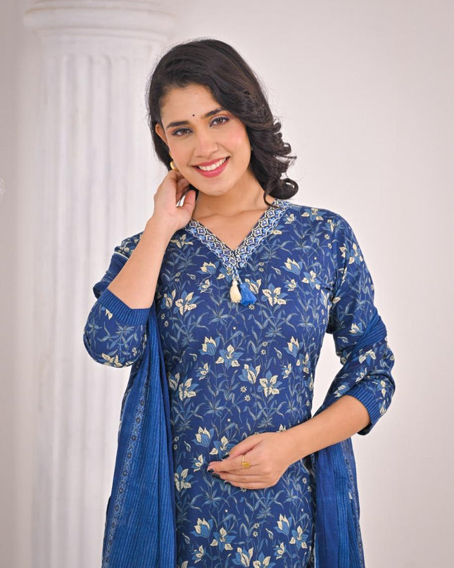Gindly Pure Cotton Embroidered Straight Women's Ethnic Wear Set