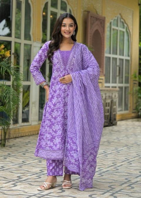 Gindly Pure Cotton Embroidered Anarkali Women's Ethnic Wear Set