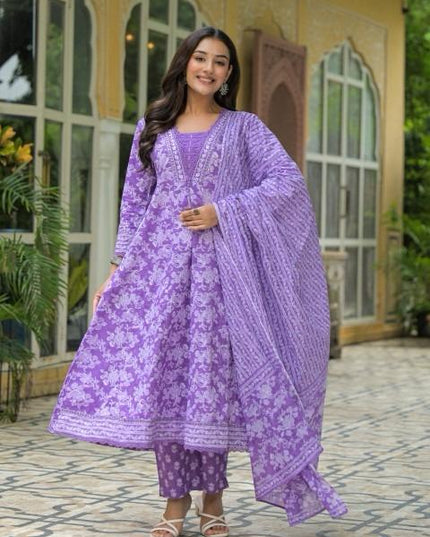 Gindly Pure Cotton Embroidered Anarkali Women's Ethnic Wear Set