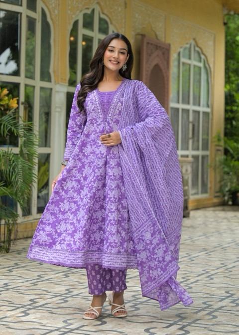 Gindly Pure Cotton Embroidered Anarkali Women's Ethnic Wear Set