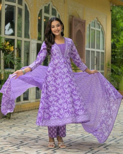 Gindly Pure Cotton Embroidered Anarkali Women's Ethnic Wear Set