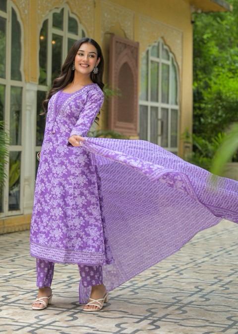 Gindly Pure Cotton Embroidered Anarkali Women's Ethnic Wear Set