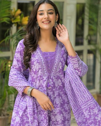 Gindly Pure Cotton Embroidered Anarkali Women's Ethnic Wear Set