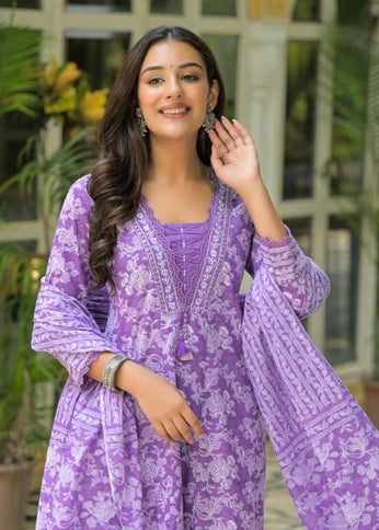 Gindly Pure Cotton Embroidered Anarkali Women's Ethnic Wear Set