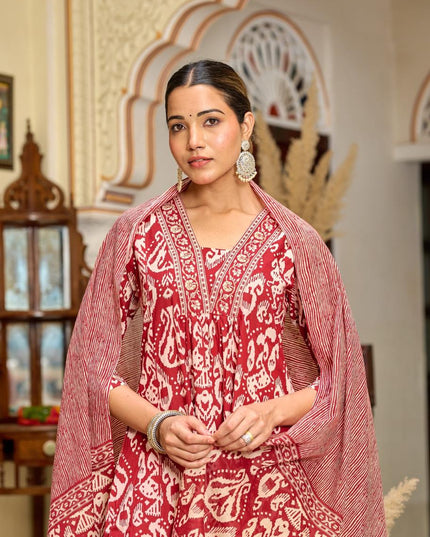 Gindly Pure Cotton Embroidered v-neck Anarkali Women's Ethnic Wear Set