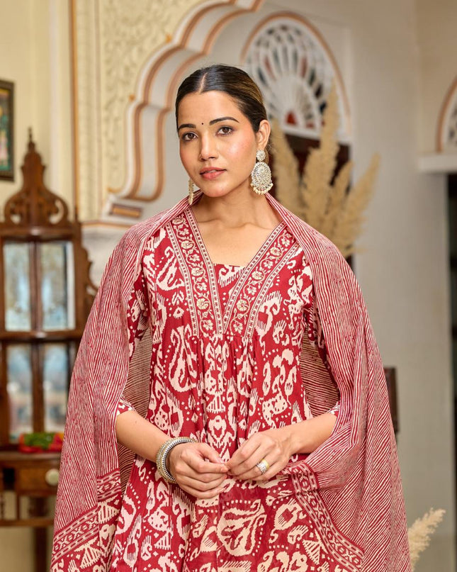 Gindly Pure Cotton Embroidered v-neck Anarkali Women's Ethnic Wear Set