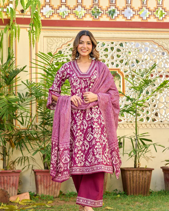 Gindly Pure Cotton Embroidered U-neck Anarkali Women's Ethnic Wear Set