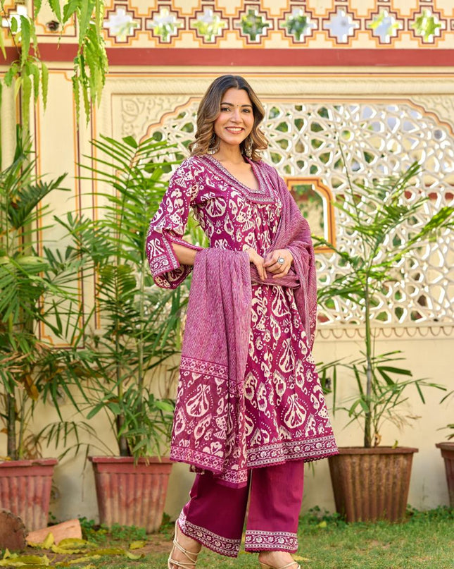 Gindly Pure Cotton Embroidered U-neck Anarkali Women's Ethnic Wear Set