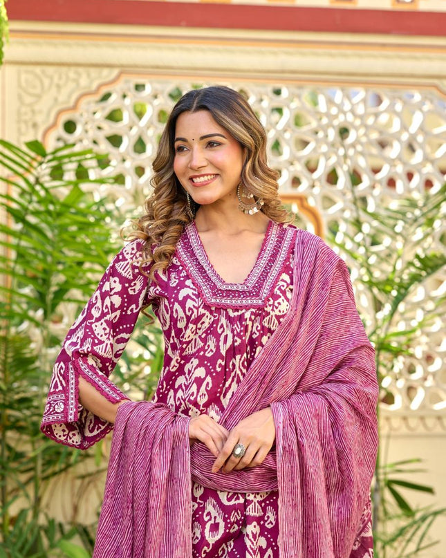 Gindly Pure Cotton Embroidered U-neck Anarkali Women's Ethnic Wear Set