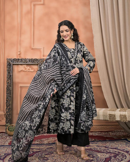 Gindly Pure Cotton Embroidered v-neck Floral Print Anarkali Women's Ethnic Wear Set